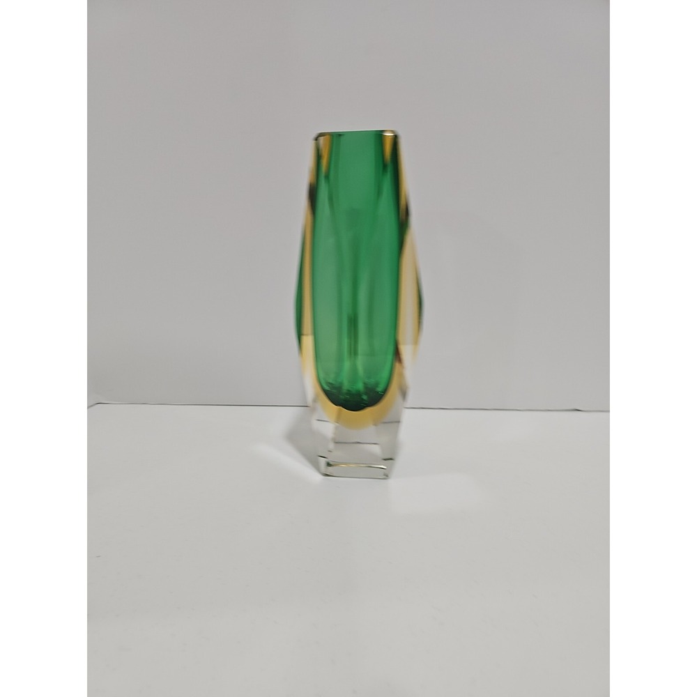 Vintage Murano Sommerso Faceted Art Olive Green Glass Vase 8" Tall - Picture 3 of 10